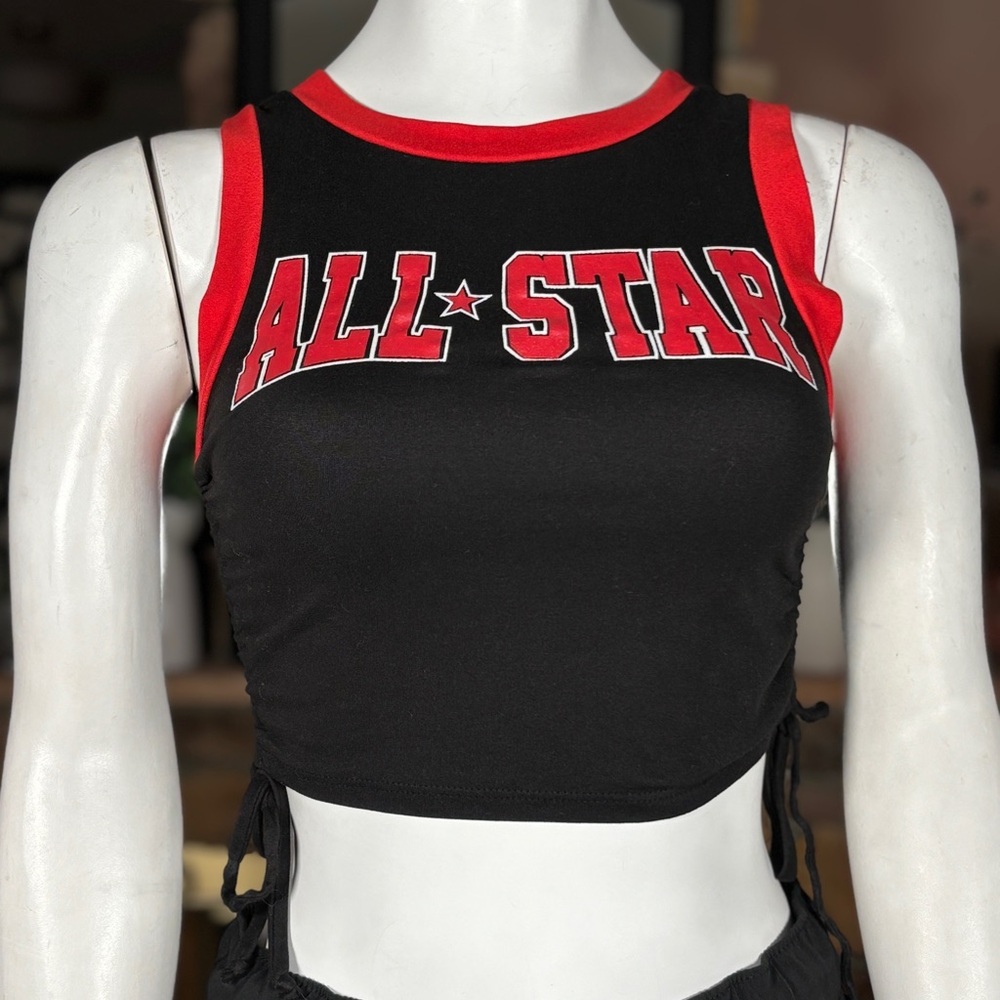 G Mini Black & Red “All Star” Sleeveless Cropped Tank Top w/ Ruched Sides, Sz S